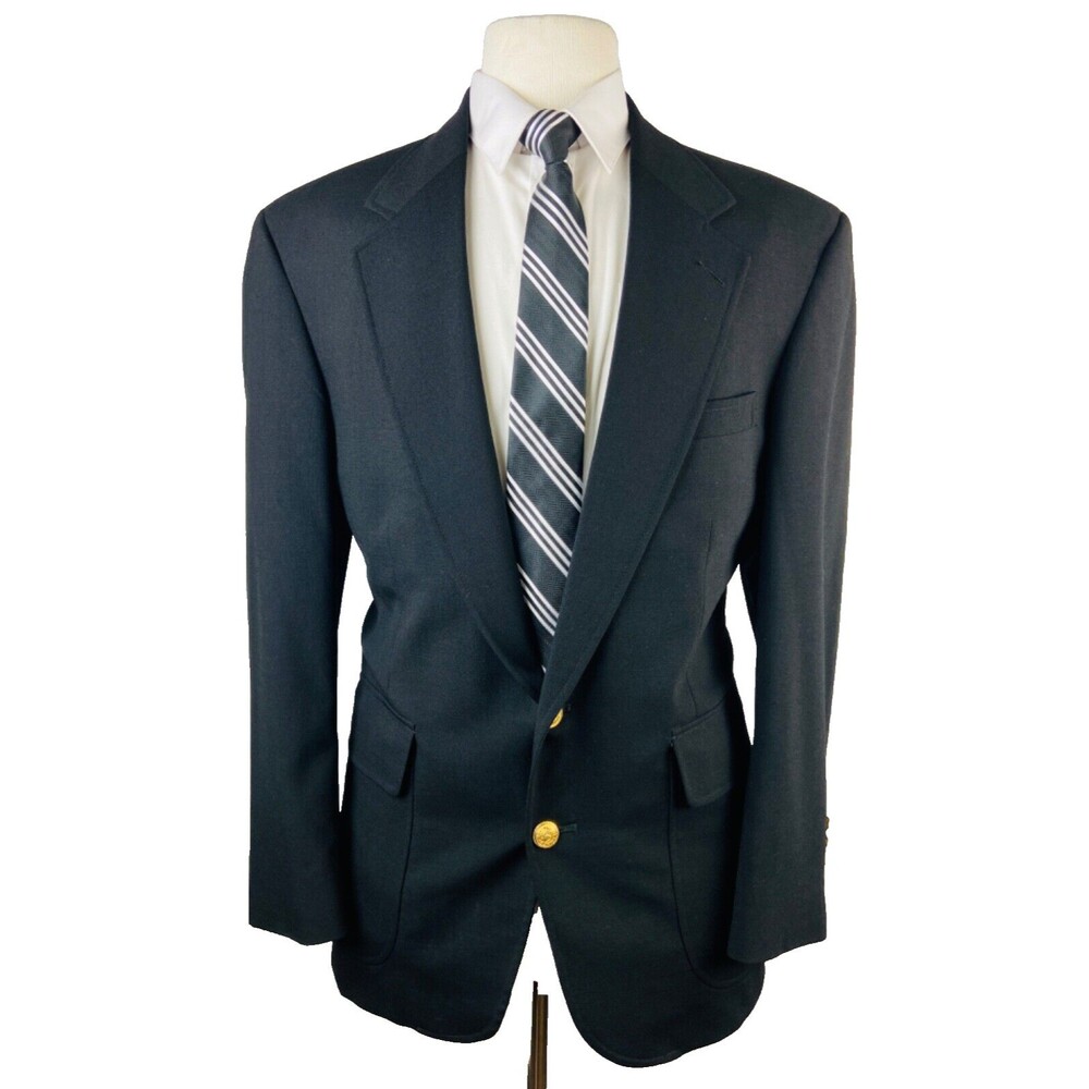 VINTAGE LANDS END MENS 40S BLACK WOOL GOLD BUTTON BLAZER SPORT COAT SUIT JACKET